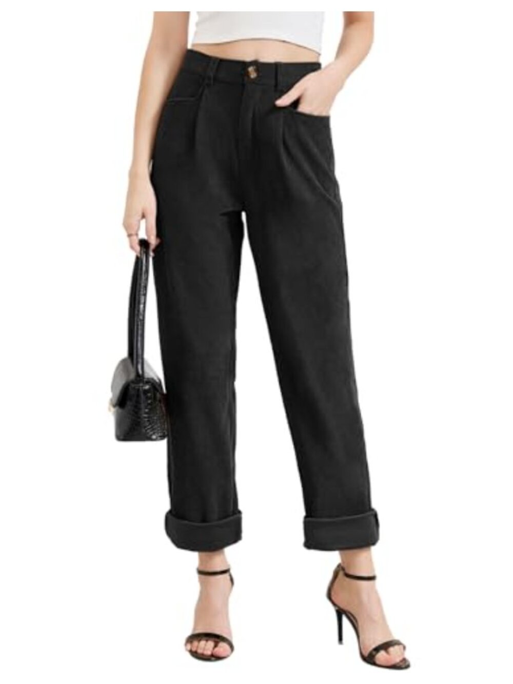 Women's Corduroy Pants High Waisted Straight Leg Stretch Trousers Pockets